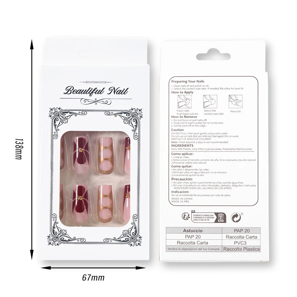 Retro Floral Gold Coffin Press-On Nails (24pcs)