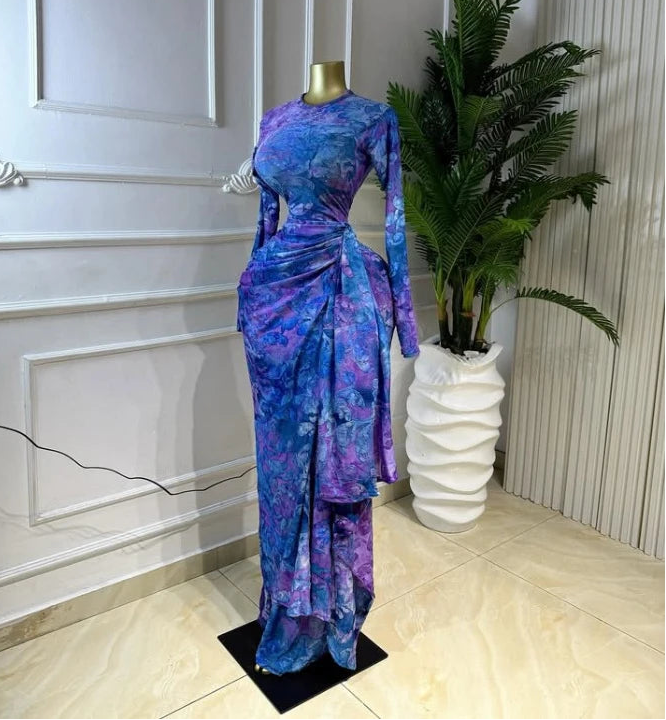 Tie Dye Ruched Ribbon Maxi Dress – Elegant Floor-Length Evening Dress