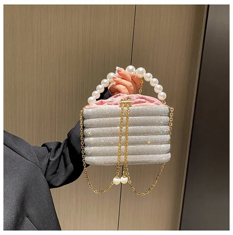 Luxe Pearl & Diamond Metallic Evening Bag