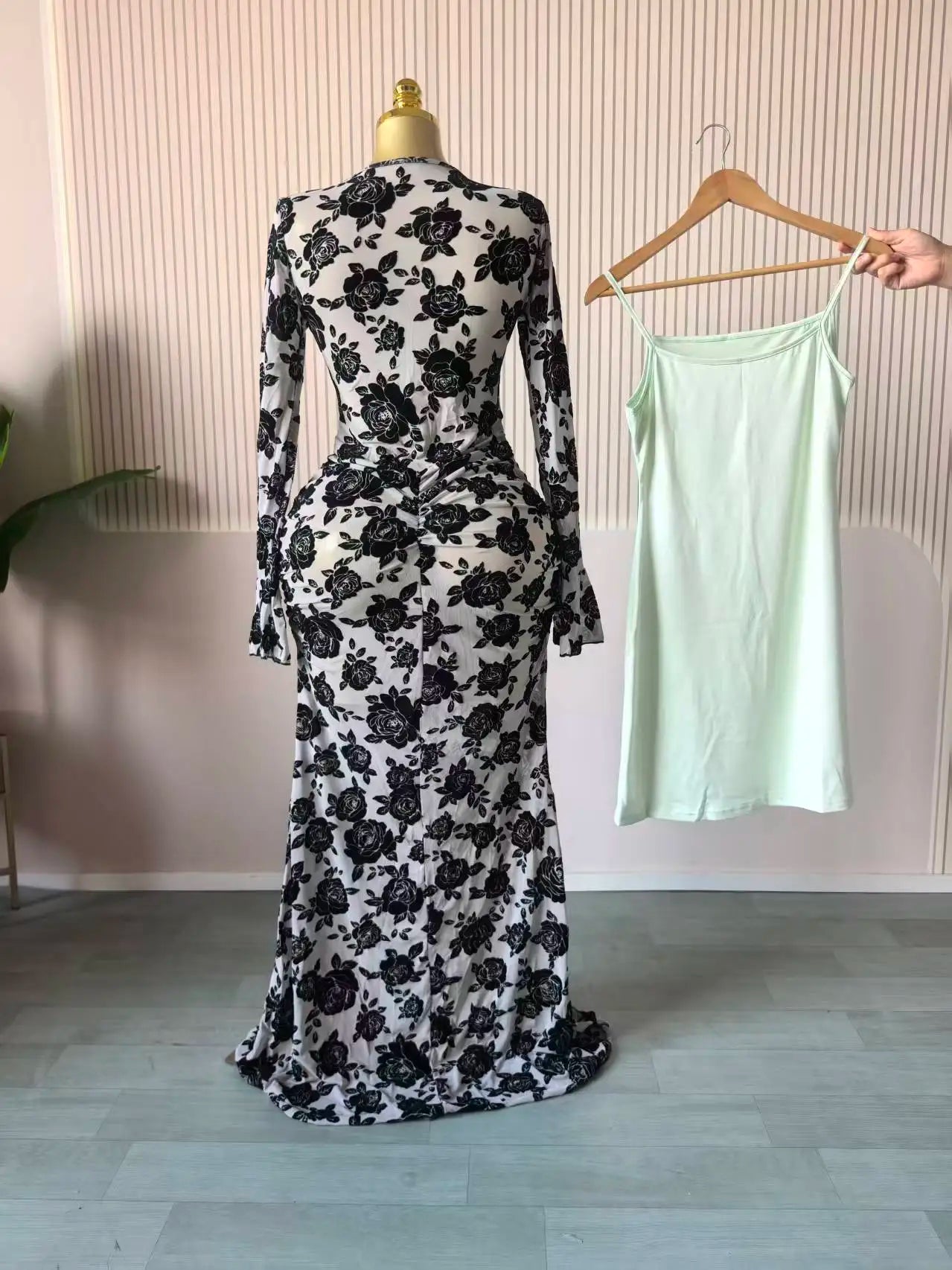 Mesh Bodycon Flare Sleeve Maxi Dress