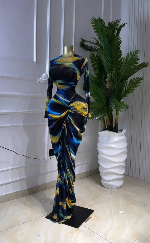 Tie Dye Ruched Bodycon Maxi Dress – Long Sleeve Floor-Length Vacation Dress