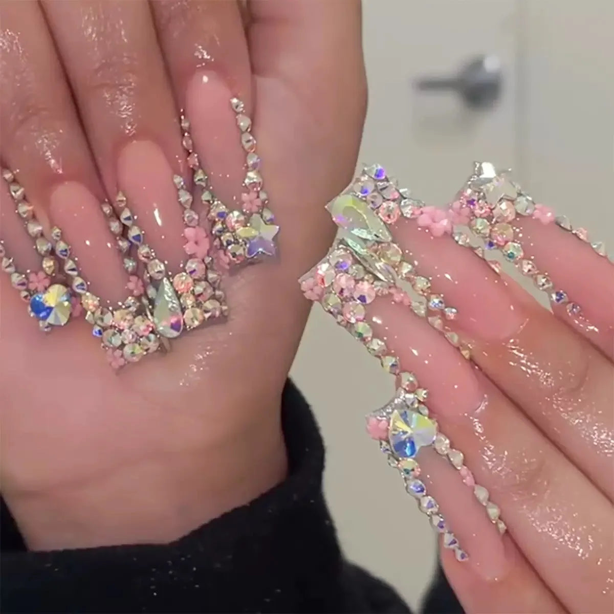 White French Diamond Flower Press-On Nails - Coffin Ballerina