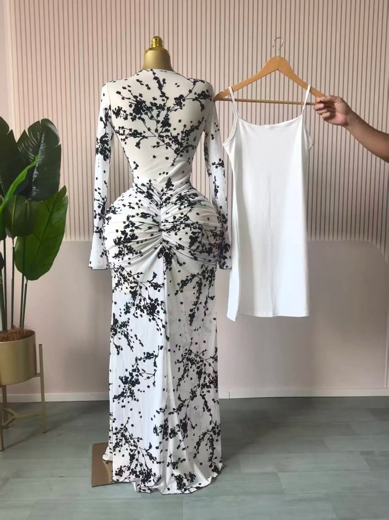 Mesh Bodycon Flare Sleeve Maxi Dress