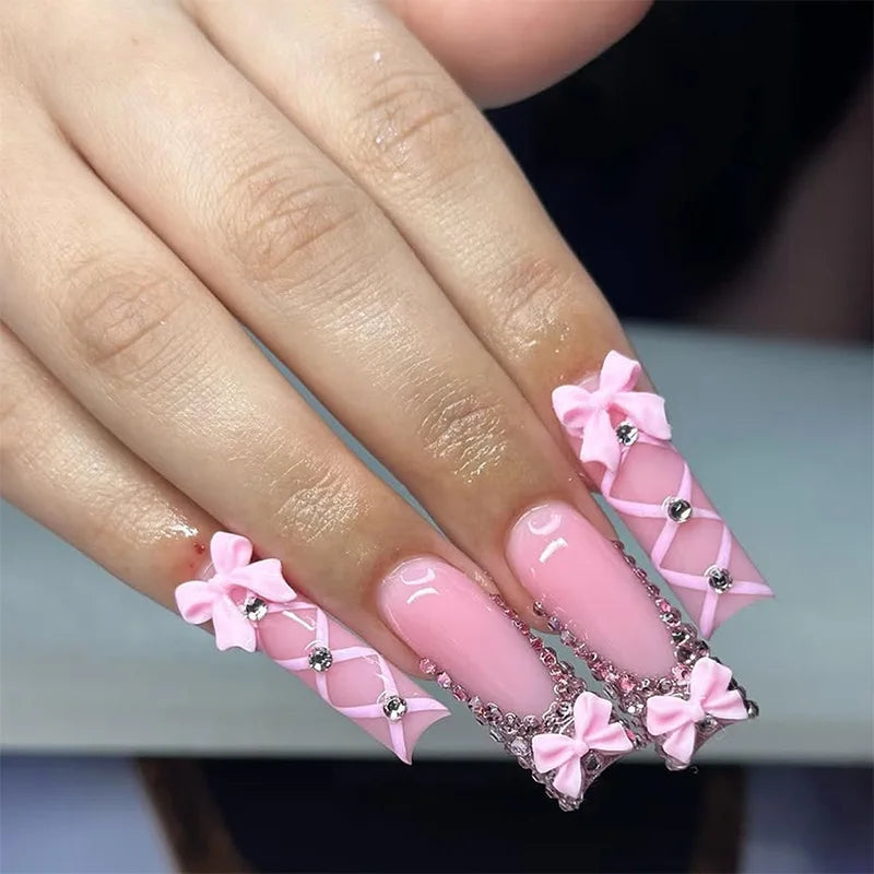 Bow Diamond Long Coffin Press-On Nails (24pcs)