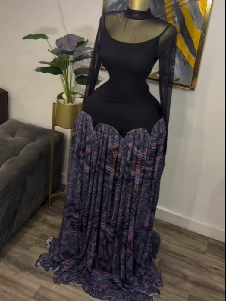 Tie Dye Patchwork Slash Neck A-Line Maxi Dress