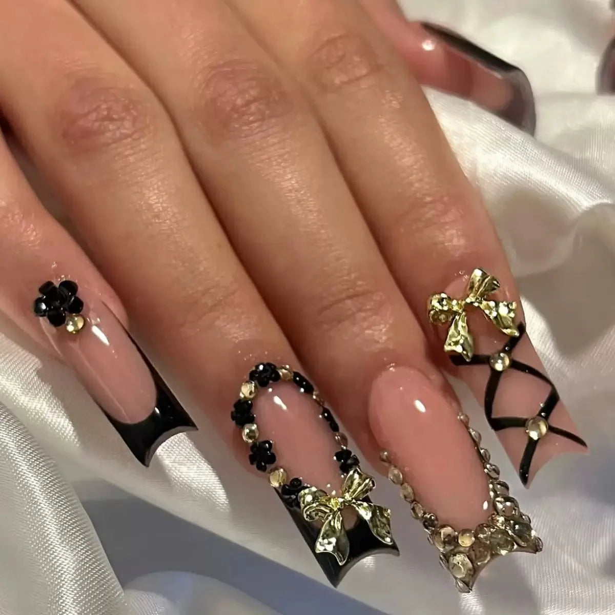 White French Diamond Flower Press-On Nails - Coffin Ballerina