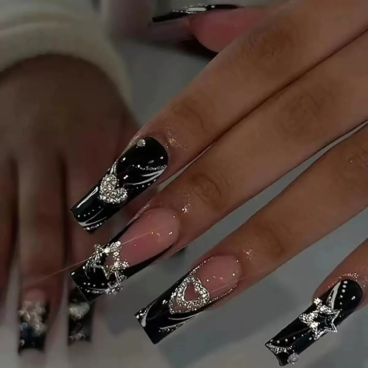 White French Diamond Flower Press-On Nails - Coffin Ballerina