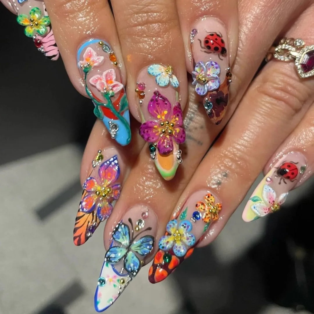 Nude Flower Rhinestone Stiletto Press-On Nails - Almond