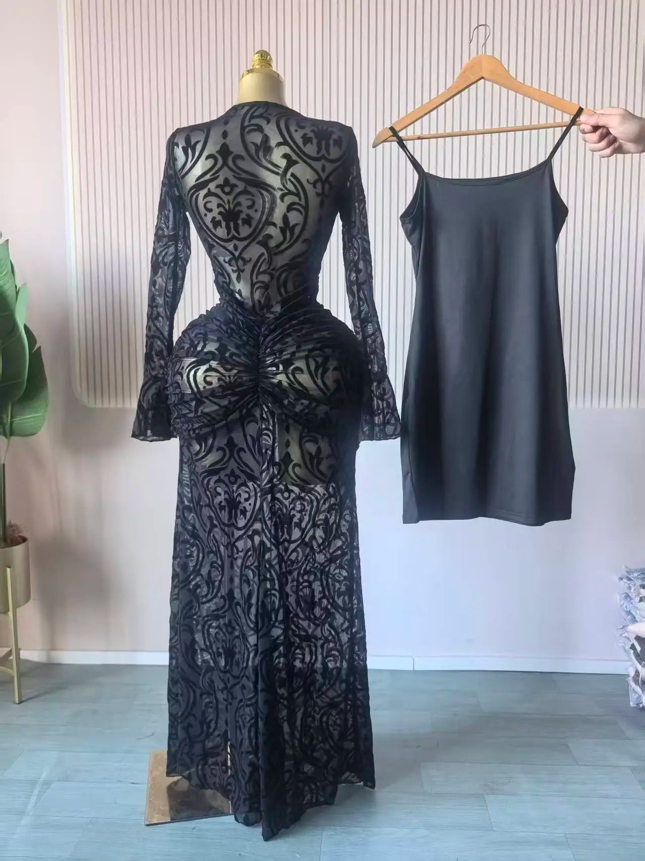 Mesh Bodycon Flare Sleeve Maxi Dress