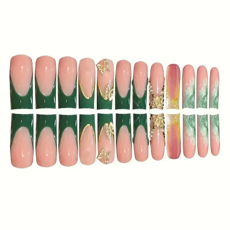 Diamond & Gold Butterfly Press-On Nails – 24pcs Long Elegant Acrylic