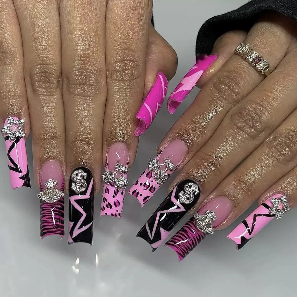 White French Diamond Flower Press-On Nails - Coffin Ballerina