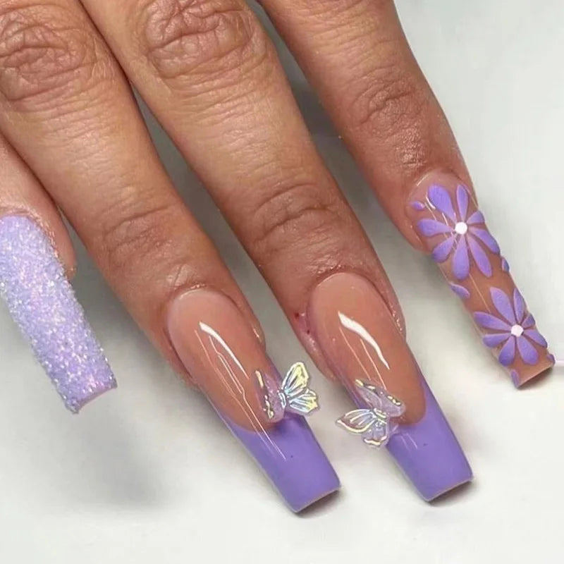Pink Butterfly Glitter Press-On Nails - French Ballet