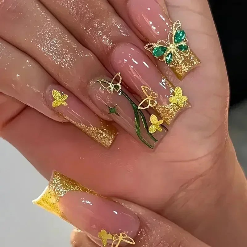 Diamond & Gold Butterfly Press-On Nails – 24pcs Long Elegant Acrylic