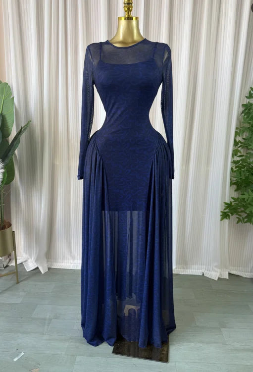 Velvet & Mesh Corseted Pleated A-Line Maxi Dress