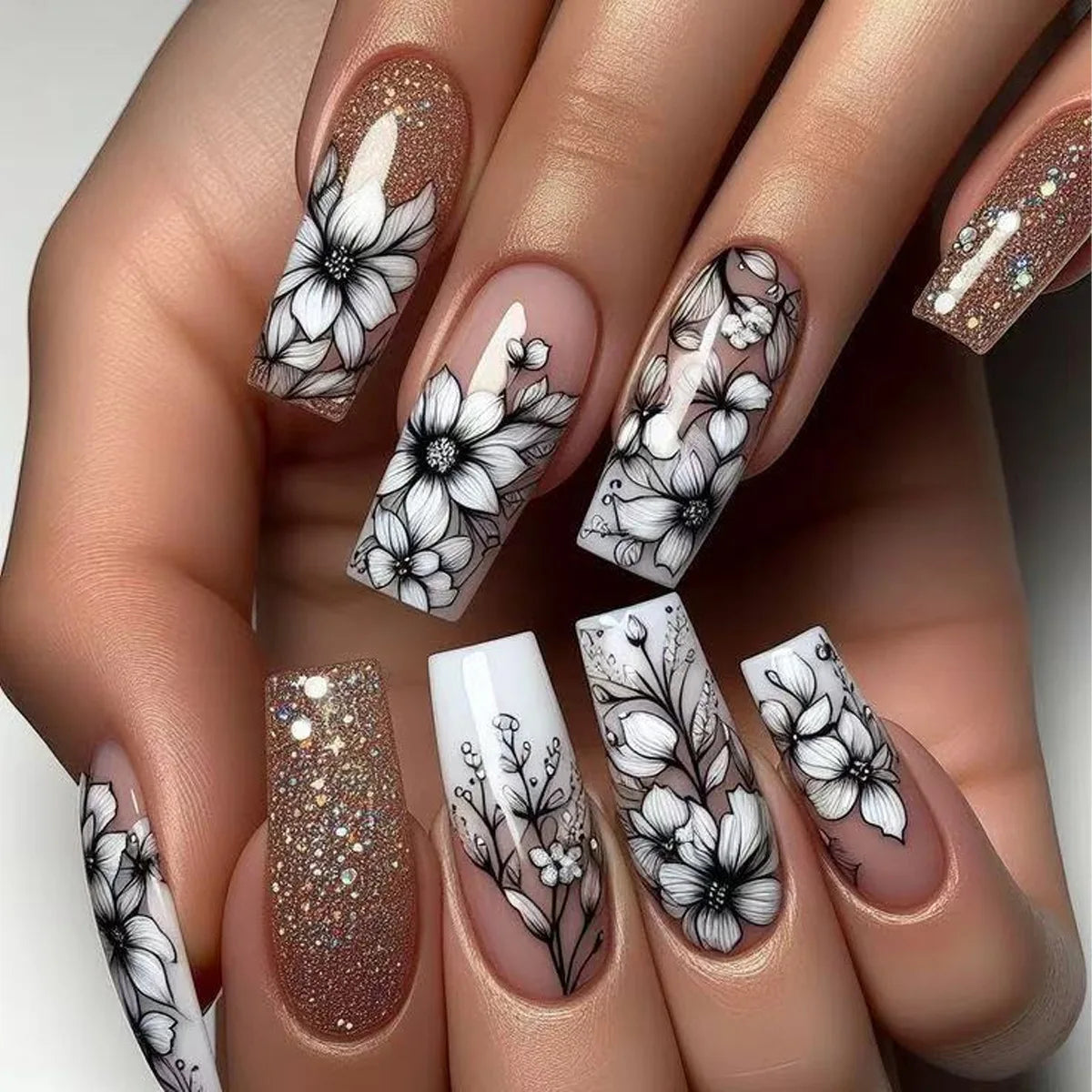Diamond & Gold Butterfly Press-On Nails – 24pcs Long Elegant Acrylic