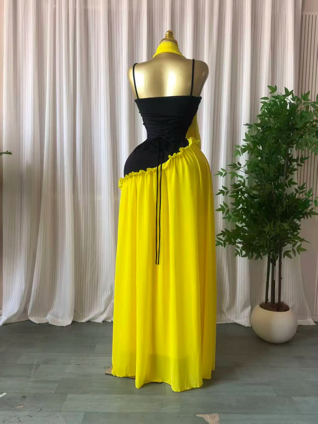 Patchwork Ruffle Strap A-Line Maxi Dress with Scarf