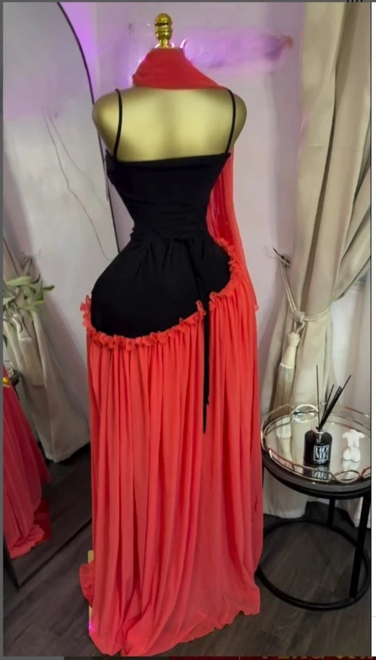 Patchwork Ruffle Strap A-Line Maxi Dress with Scarf