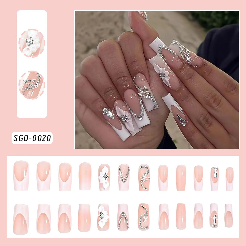 Butterfly Flower Rhinestone Press-On Nails - Coffin French