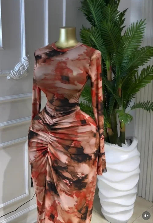 Abstract Print Ruched Stacked Maxi Dress