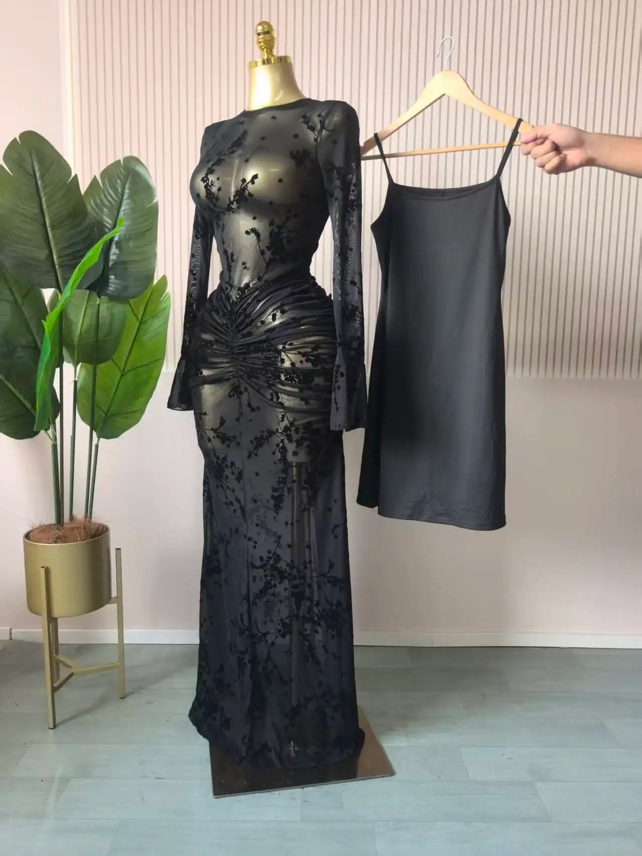 Mesh Bodycon Flare Sleeve Maxi Dress