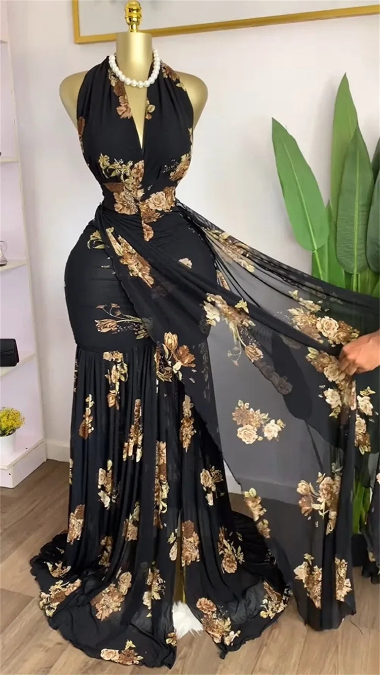 Floral Halter V-Neck Backless Ruched Ruffle Maxi Dress