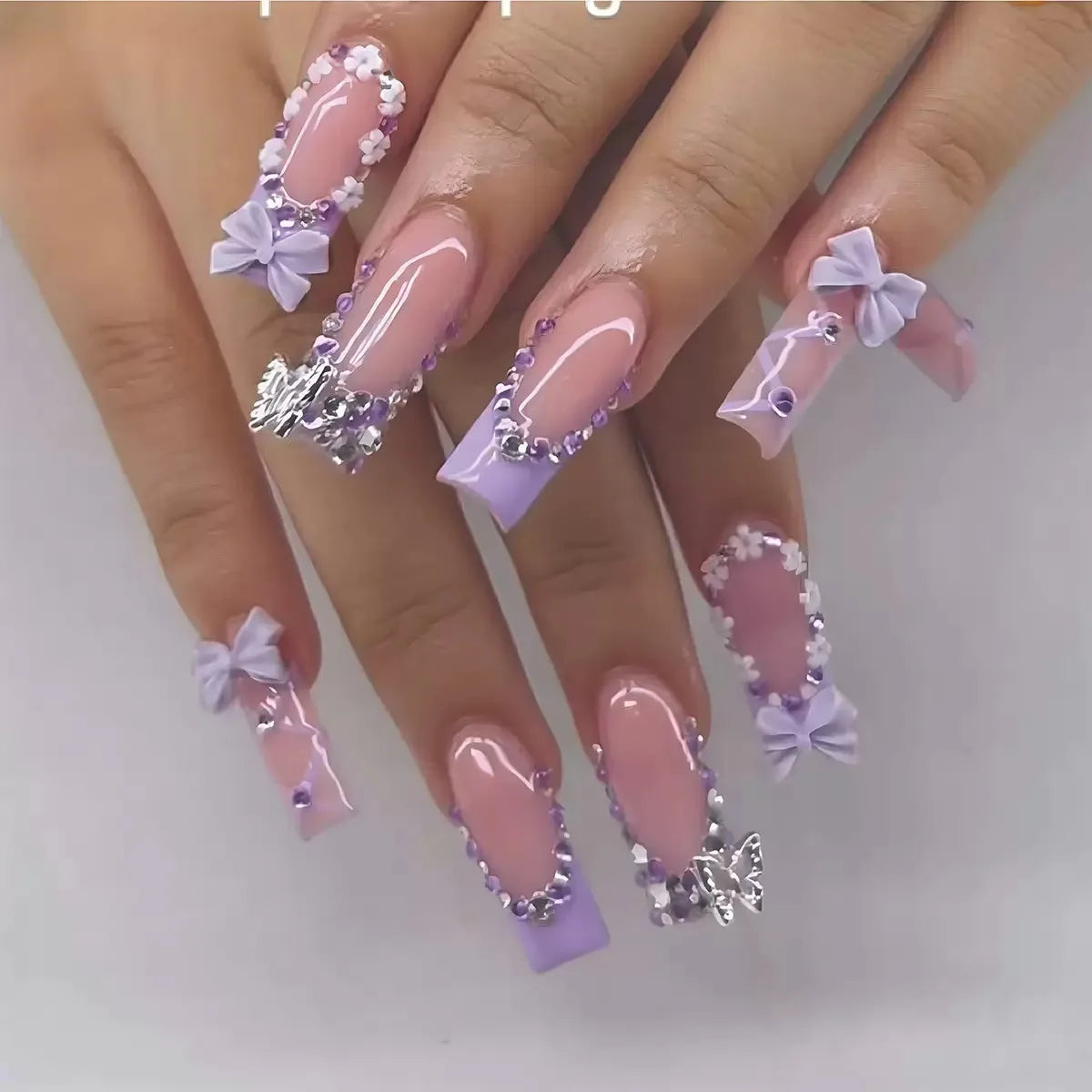 White French Diamond Flower Press-On Nails - Coffin Ballerina