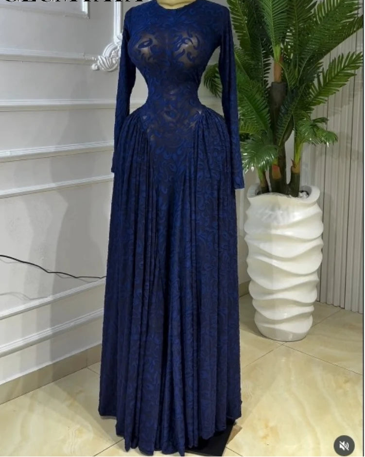Velvet & Mesh Corseted Pleated A-Line Maxi Dress