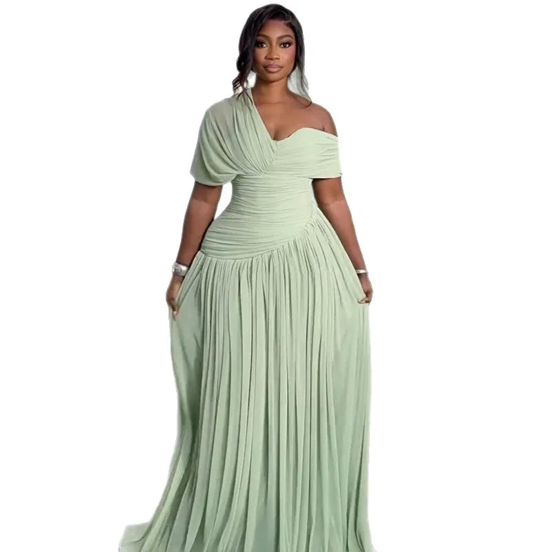 Sage Green One-Shoulder Ruched A-Line Maxi Dress
