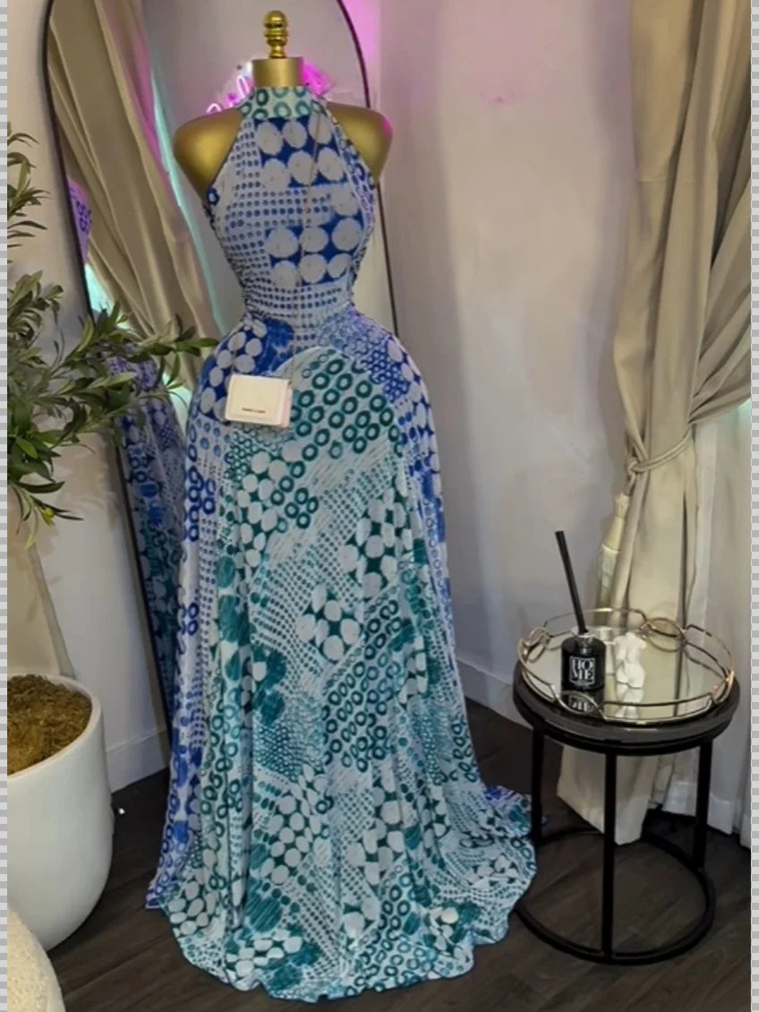 Sleeveless Mermaid Maxi Dress – Floral Print Floor-Length Evening Dress
