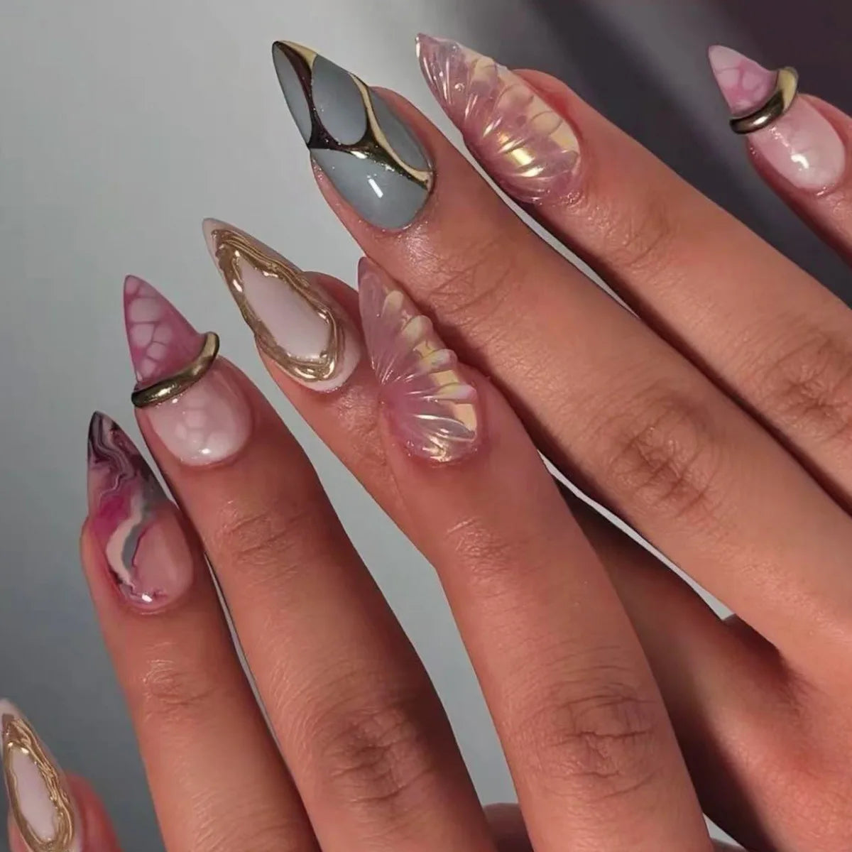 Nude Flower Rhinestone Stiletto Press-On Nails - Almond