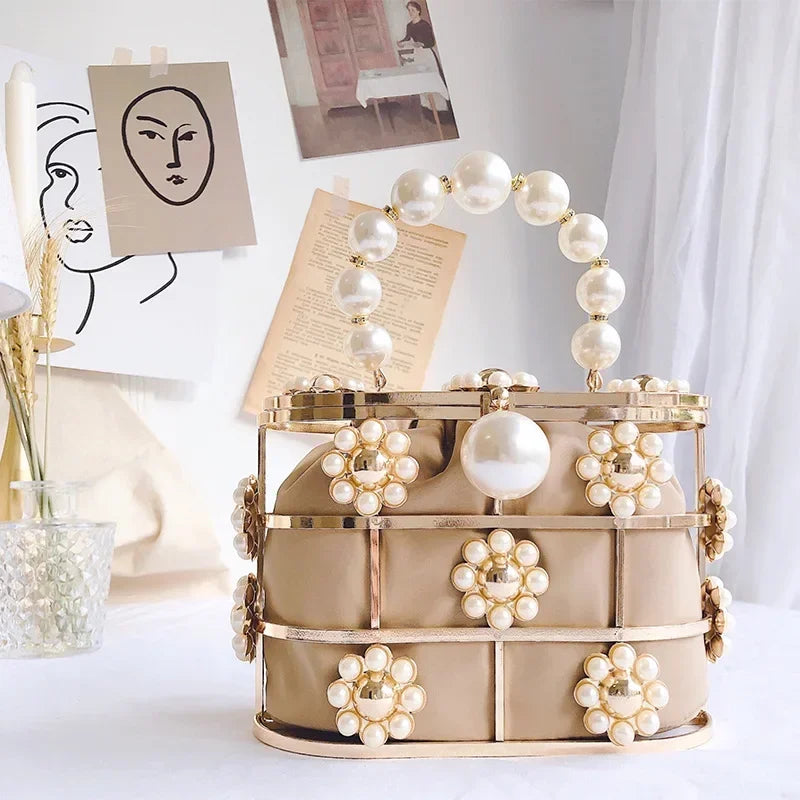 Luxe Pearl & Diamond Metallic Evening Bag