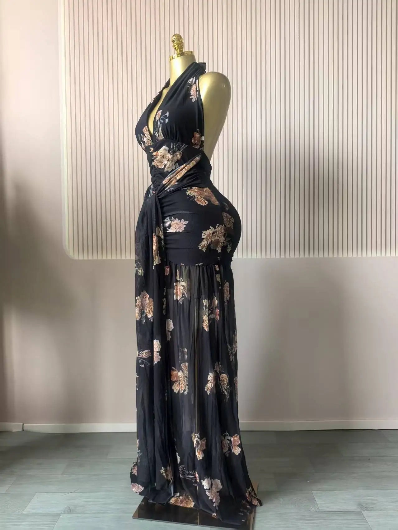Floral Halter V-Neck Backless Ruched Ruffle Maxi Dress