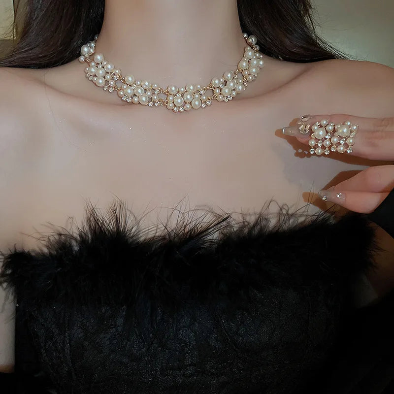 Pearl Rhinestone Choker Set – 3pcs Vintage Light Luxury Necklace & Earrings