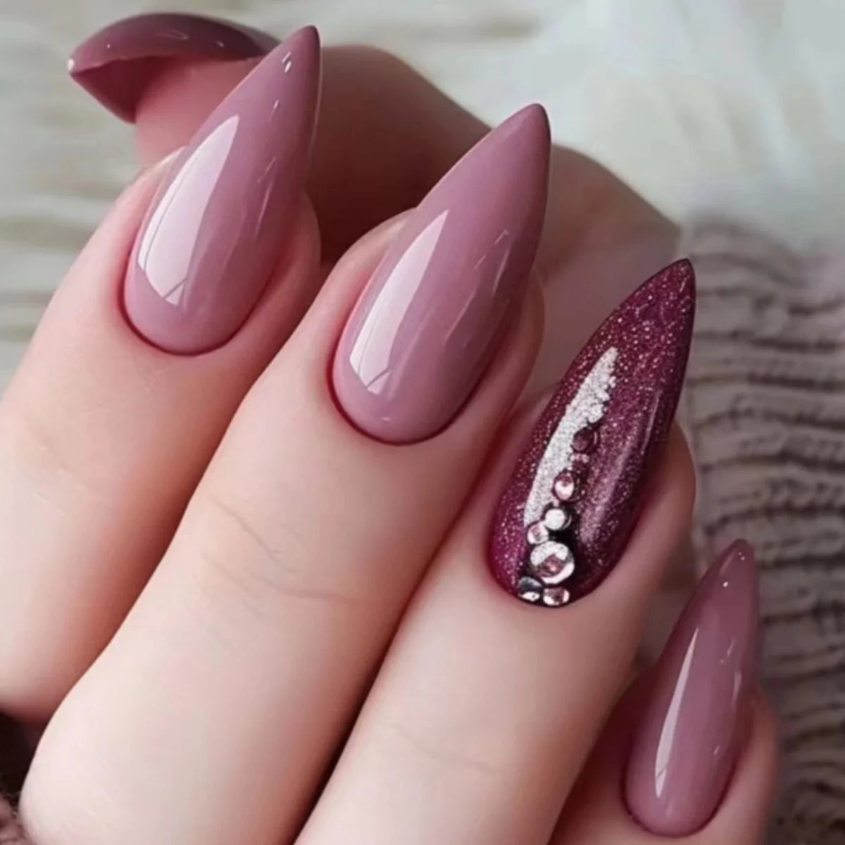 Nude Flower Rhinestone Stiletto Press-On Nails - Almond