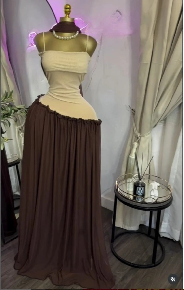 Patchwork Ruffle Strap A-Line Maxi Dress with Scarf
