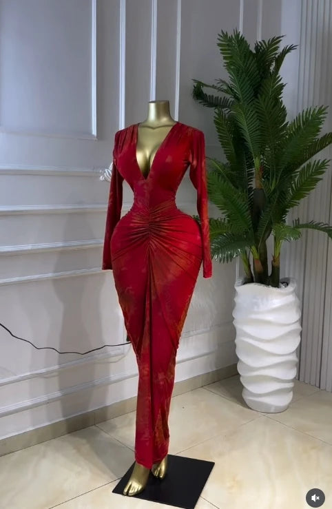 Printed V-Neck Ruched Bodycon Maxi Dress