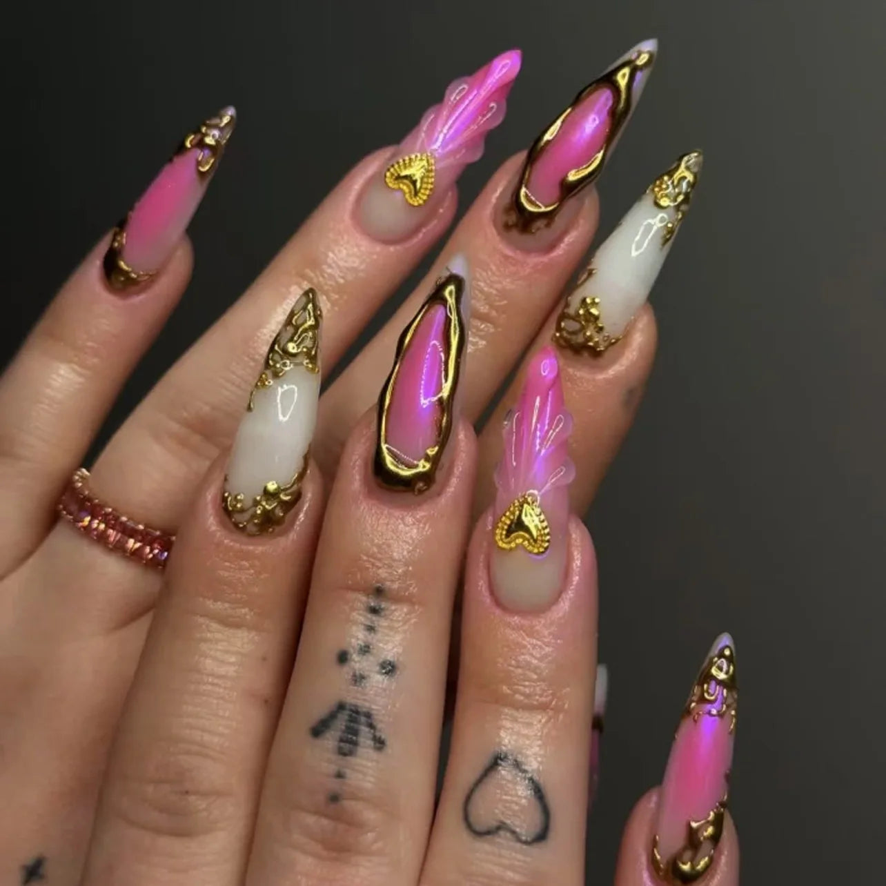 Nude Flower Rhinestone Stiletto Press-On Nails - Almond