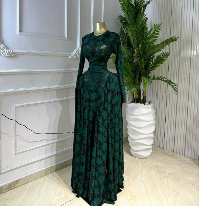 Velvet & Mesh Corseted Pleated A-Line Maxi Dress