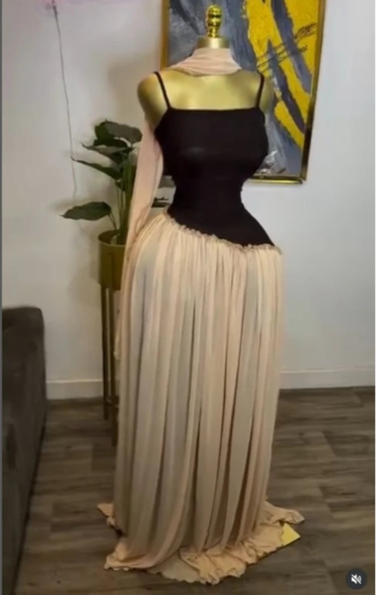 Patchwork Ruffle Strap A-Line Maxi Dress with Scarf