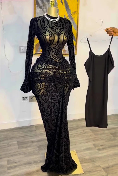 Mesh Bodycon Flare Sleeve Maxi Dress