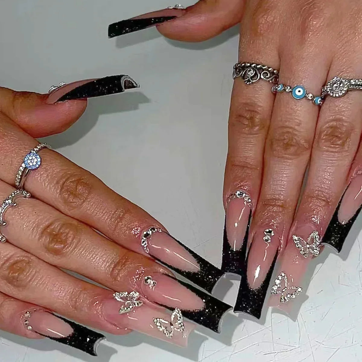 Diamond & Gold Butterfly Press-On Nails – 24pcs Long Elegant Acrylic