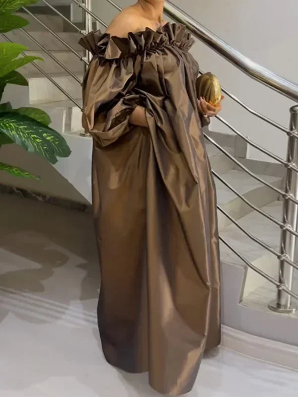 Luxe Falbala Puff Sleeve Maxi Dress – Off-Shoulder Evening Gown