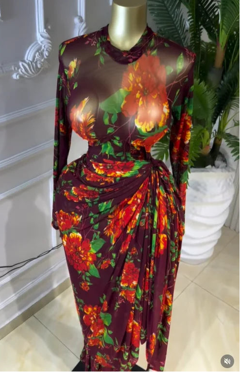 Floral Mesh Draped Wrap Maxi Dress