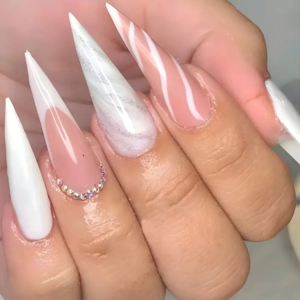 Nude Flower Rhinestone Stiletto Press-On Nails - Almond