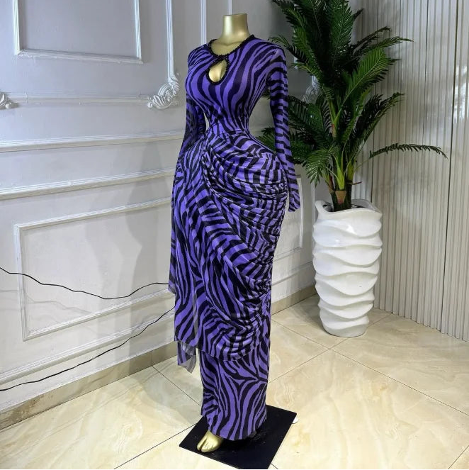 Striped Ribbon Ruched Long Sleeve Bodycon Maxi Dress