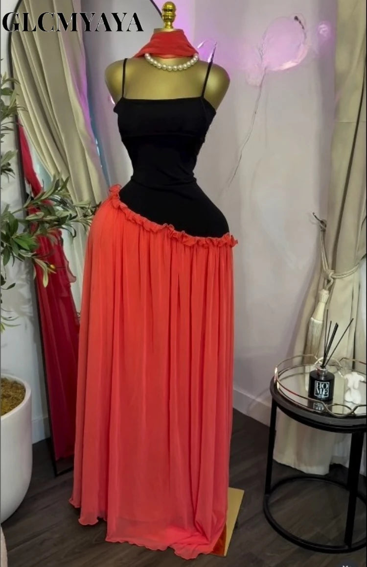 Patchwork Ruffle Strap A-Line Maxi Dress with Scarf
