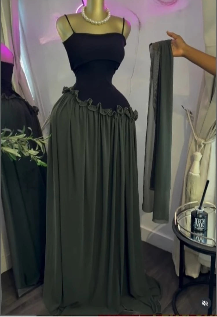 Patchwork Ruffle Strap A-Line Maxi Dress with Scarf