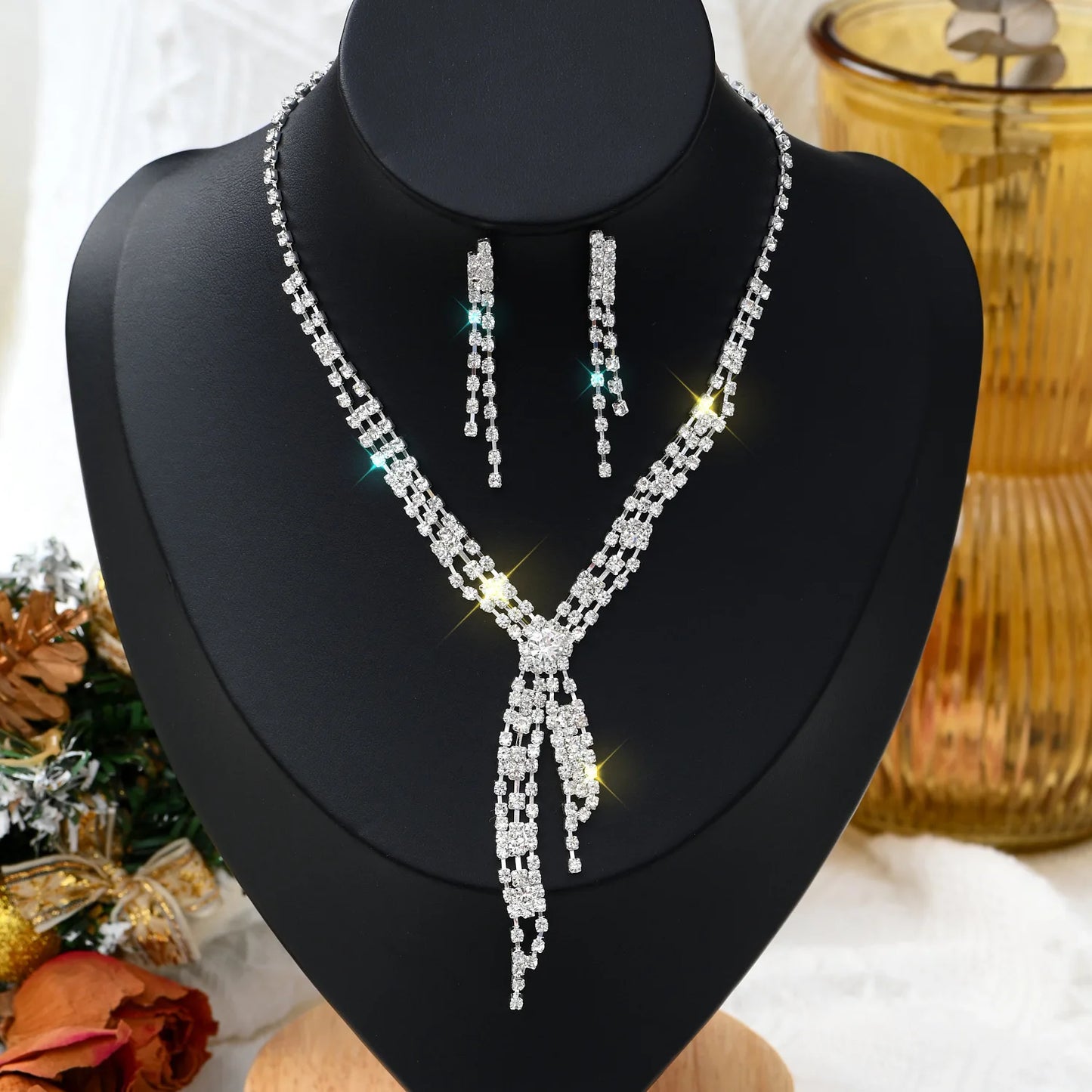 Rhinestone Claw Chain BBridal Set – Necklace & Earrings Wedding Jewellery