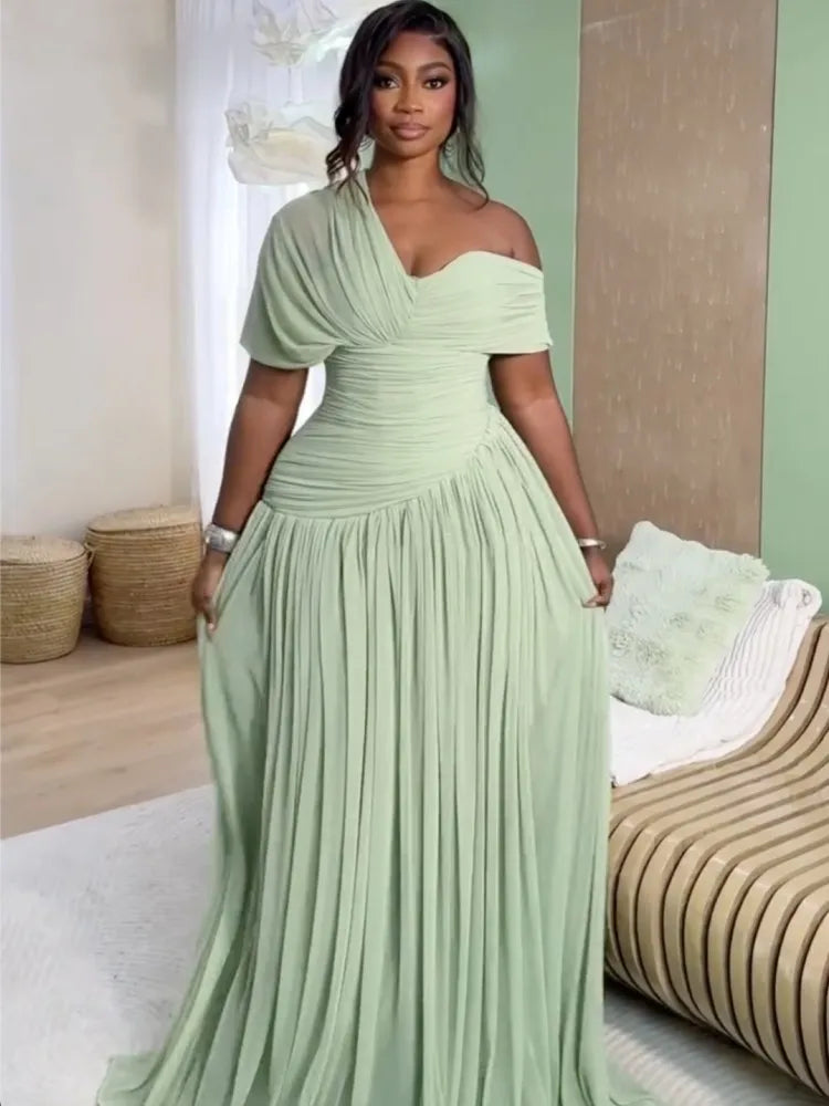Sage Green One-Shoulder Ruched A-Line Maxi Dress