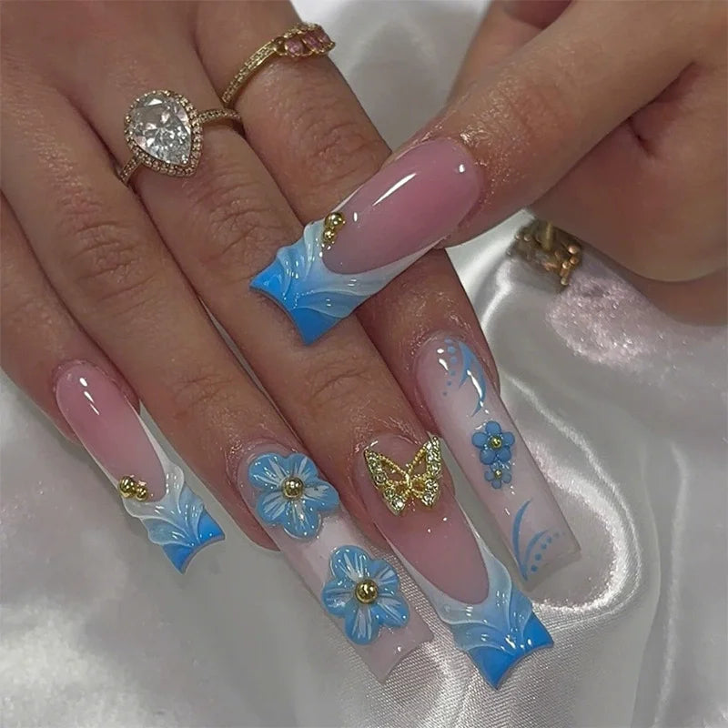Pink Butterfly Glitter Press-On Nails - French Ballet